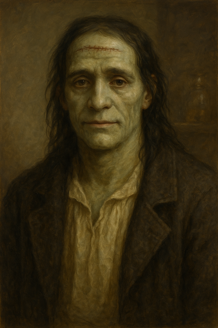 Frankenstein's Creature: original AI portrait. An AI generated character, not the real person.