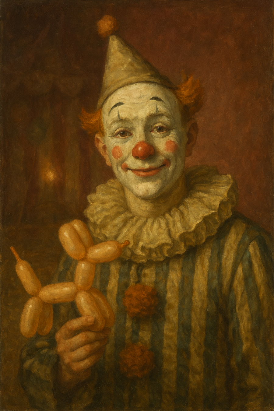 Giggles the Clown: original AI portrait. An imagined AI performance, not an authentic recording.
