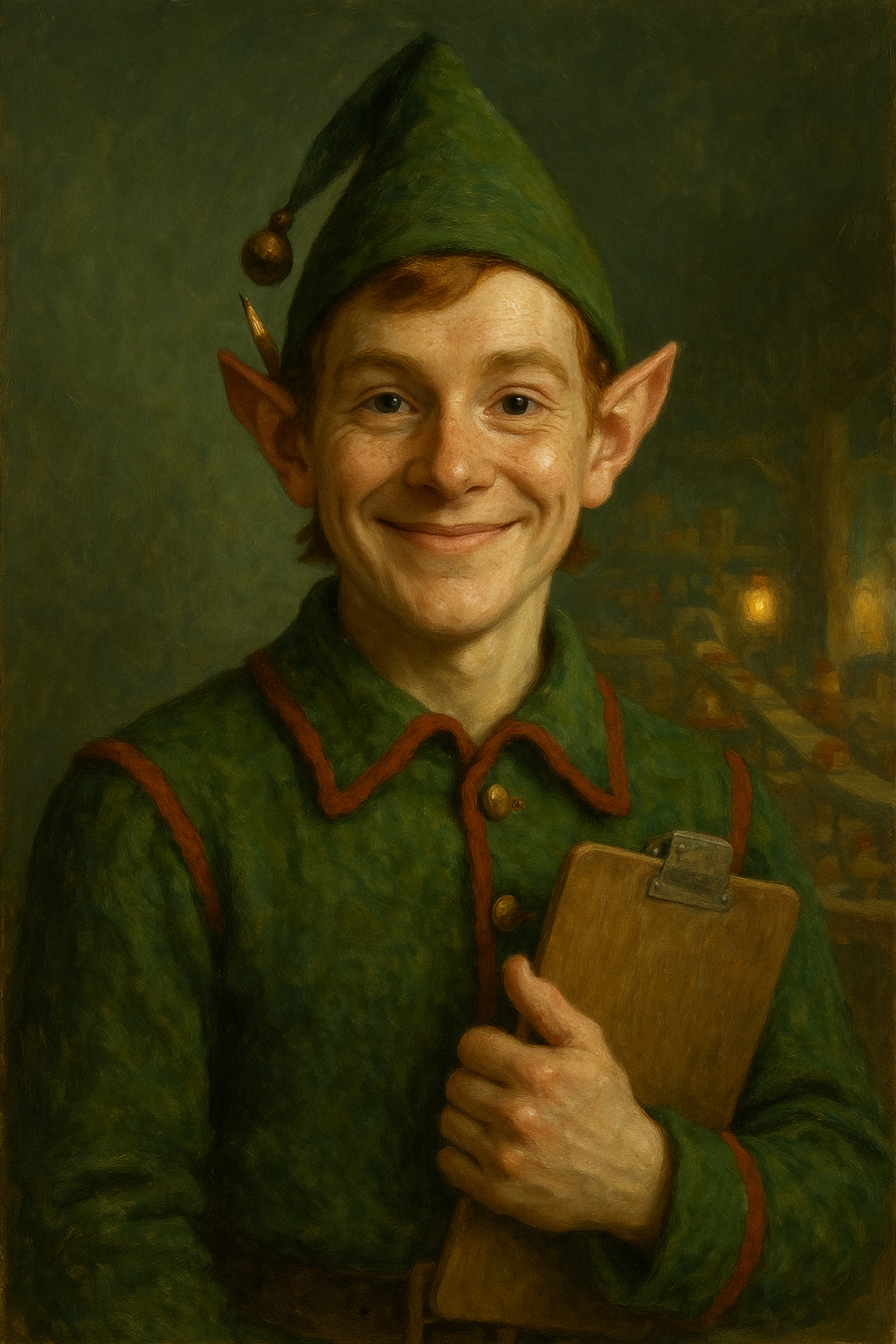 Tinsel Whitlock, Head Elf: original AI portrait. An imagined AI performance, not an authentic recording.